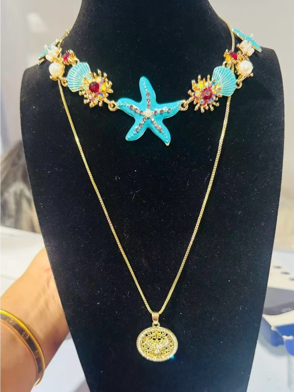 Gold-Tone Turquoise Starfish & Shell Layered Necklace Set
